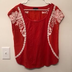 Anthropologie Coral Embroidered Top